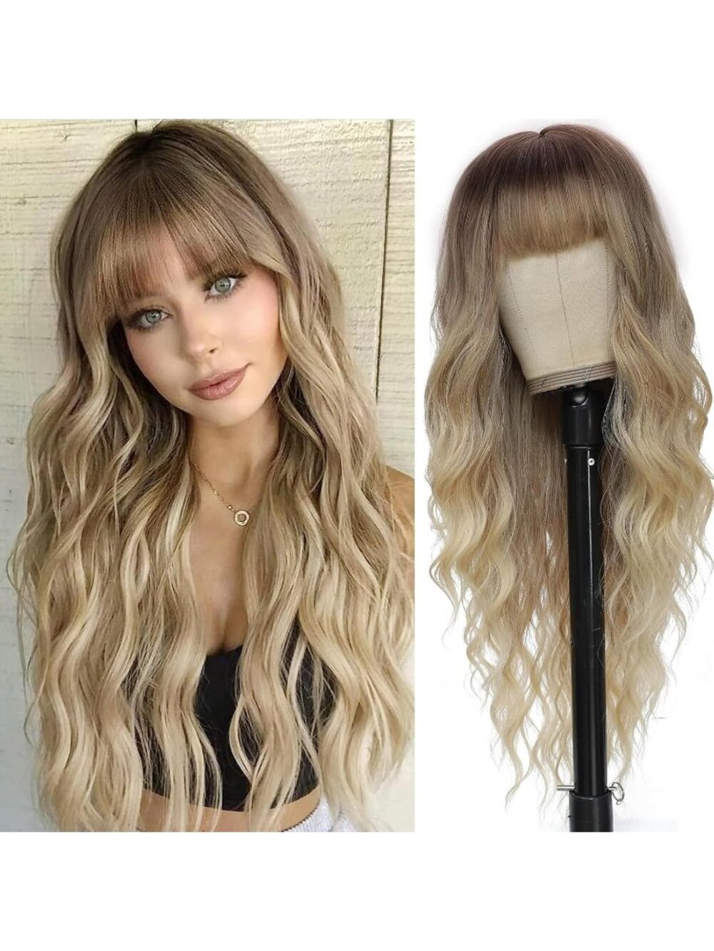 Women's Ombre Blonde 26 Inch Natural Looking Heat Resistant Synthetic Wigs Bangs